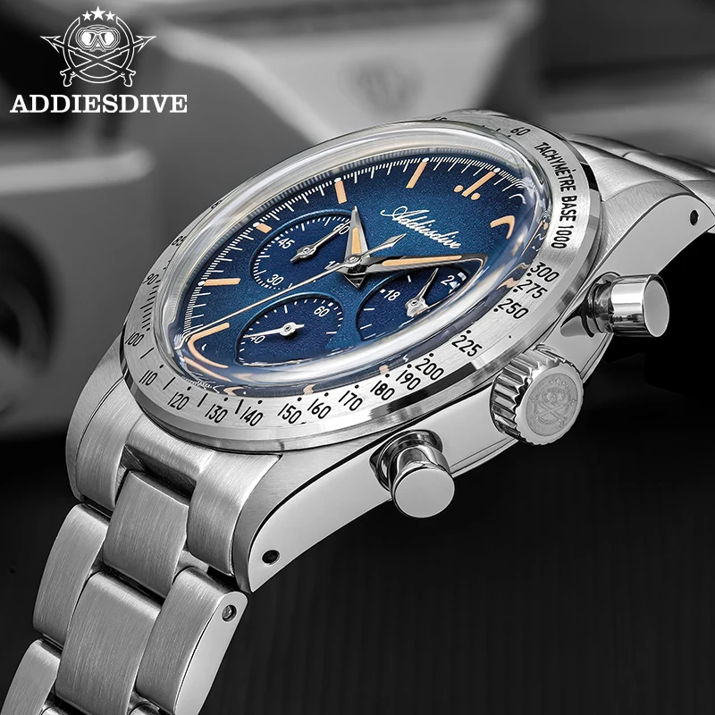 ADDIESDIVE New Men Watches Chronograph Domed Glass Luxury Quartz Wristwatch 100m Waterproof Diving Luminous 316L Stainless Steel