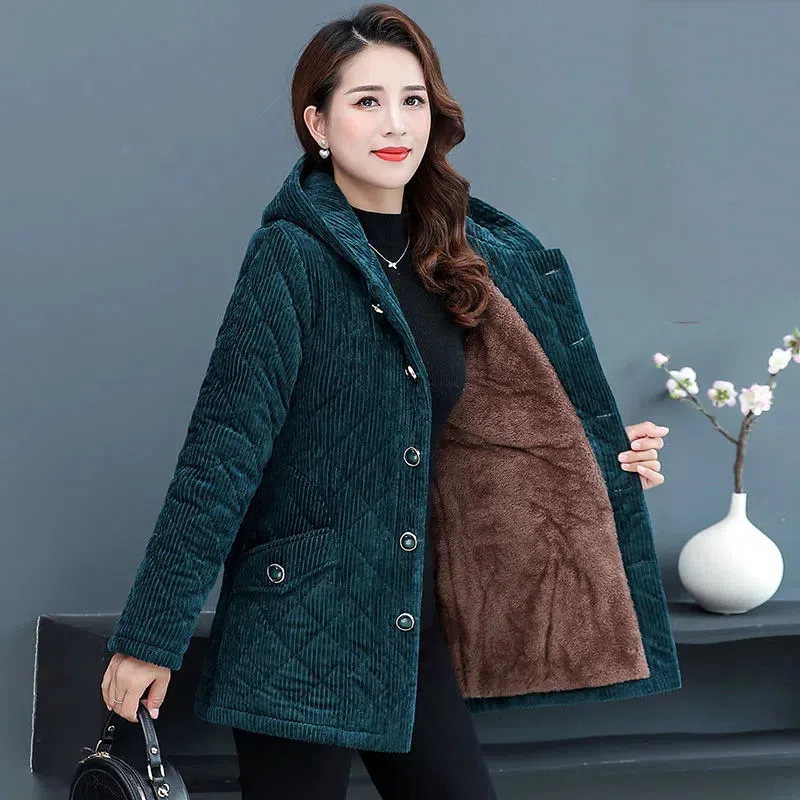 Women Corduroy Jackets 2024 New Autumn Winter Solid Loose Outwaer Female Casual Middle-aged Thicken Warm Hooded Female Overcoats