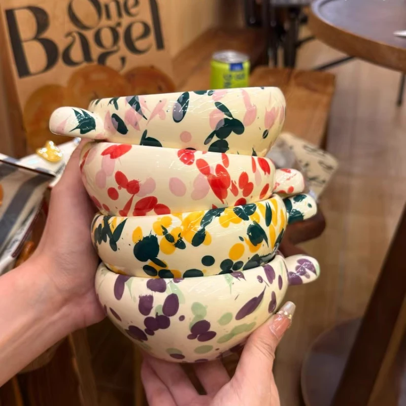

One-handed Underglaze Ink Splashing Ceramic Bowl,Yogurt Salad Bowl,Household High Temperature Resistant Fruit Rice Bowls