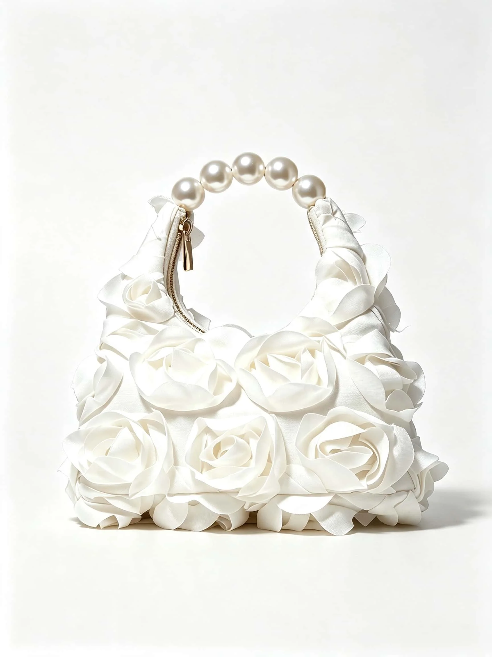 White Three-Dimensional Rose Flower Pearl Handbag, Gentle Style Bridal Wedding Bag, Banquet Evening Underarm Clutch