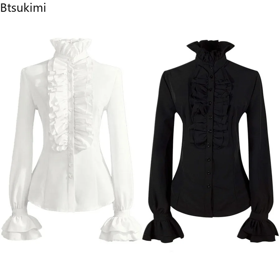2026 Women's Renaissance Blouse Long Sleeve Medieval Peasant Blouse Smocked Pirate Costume Victorian Shirt Gothic Blouse Black