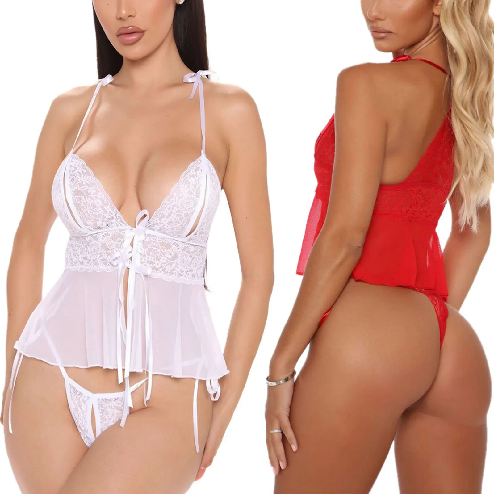 Sexy Babydoll Lingerie Set Solid Color Strappy Ruffle Tank Tops Underwear and G-string Sleepwear Erotic Sex Costume Two-piece