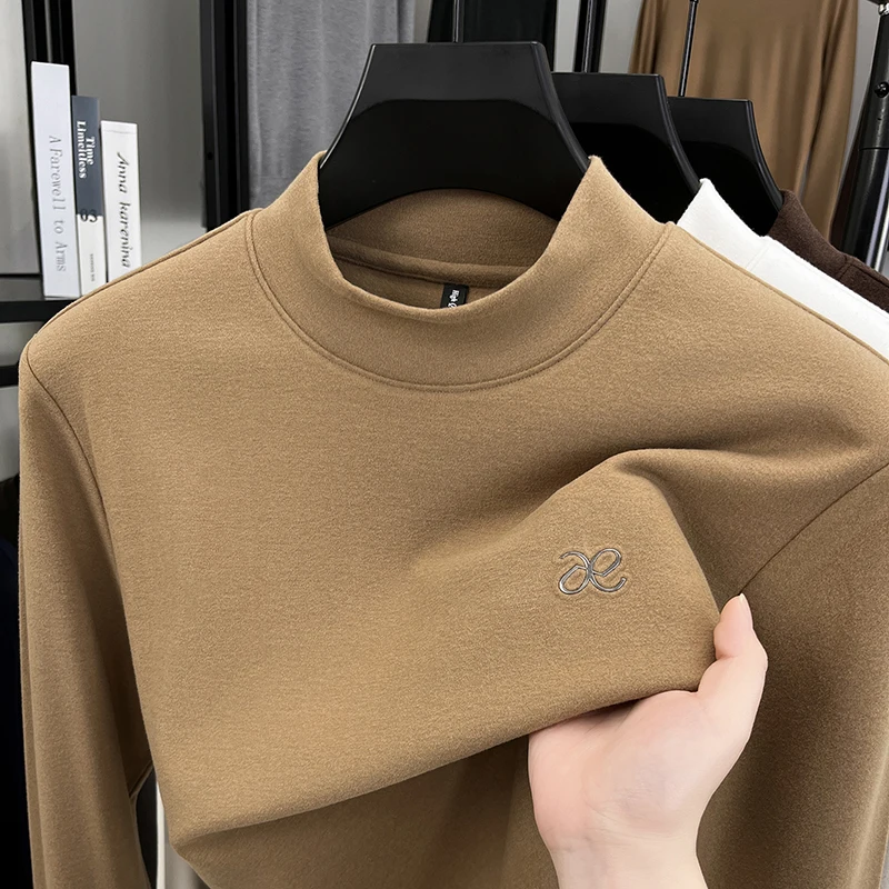 Luxury Man Long-Sleeved T-Shirt Mock Neck Exquisite Embroidery Versatile Comfortable Autumn Winter Casual Fashion Men's Clothing