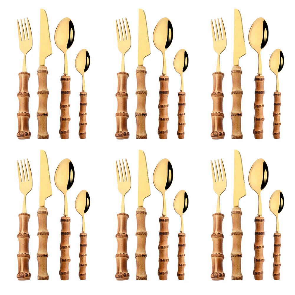 24Pcs Bamboo Cutlery Sets Stainless Steel Dinnerware Sets Gold Wooden Tableware Western Food Knife Fork Teaspoon Cutleries