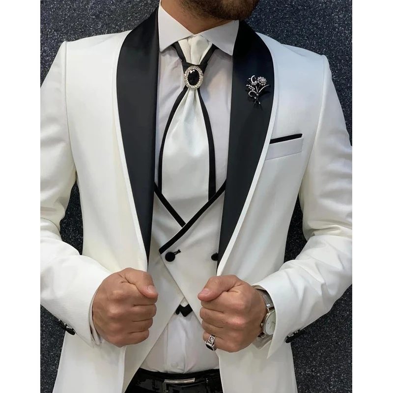 White Slim fit Wedding Tuxedo for Groomsmen 3 piece Men Suits with Black Pants Man Fashion Set Jacket Waistcoat Boyfriend Suit