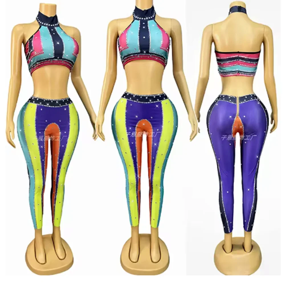 Women’S Clothing Colorful Halter Crop Top Pants Set Singer Performance Suit Model Show Stage Costume Nightclub Party Outfit  yk