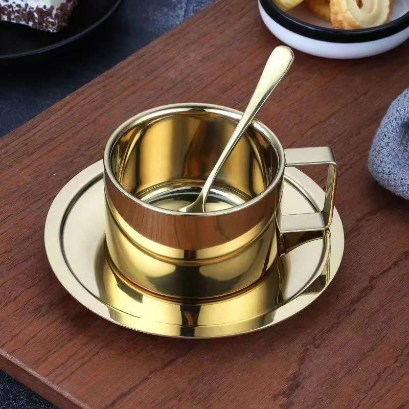 

celebrity retro gold coffee cup, high-end and exquisite European style mug, latte cup, stainless steel cup and plate set