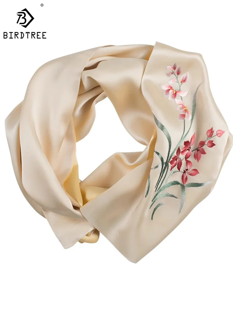 Birdtree 16MM 100%Mulberry Silk All-match Muffler 2024 Spring Autumn Women Elegant Fashion New Flower Embroidery Scarf A3D743QM