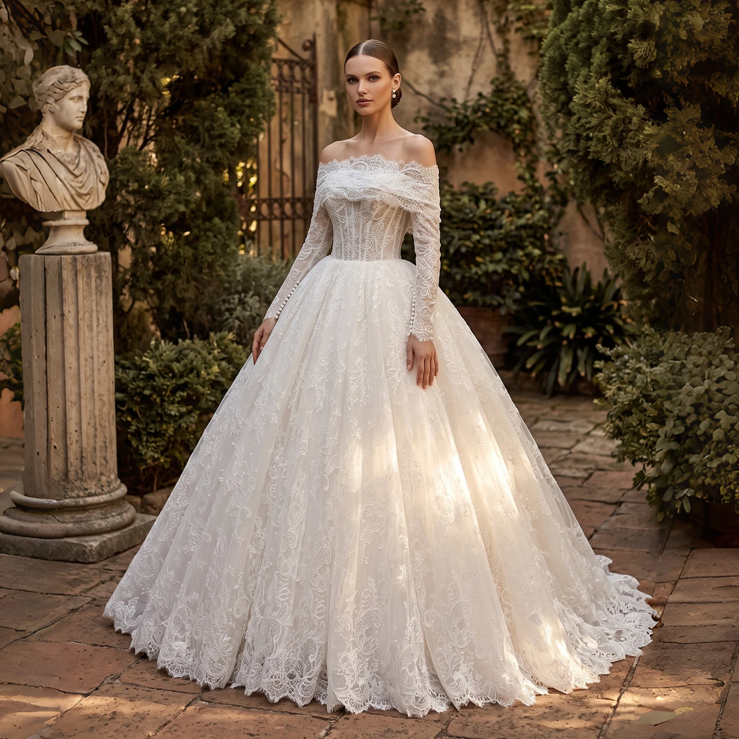Sharon Said Simple Off White Lace Ball Gown Wedding Dress Off Shoulder Long Sleeve Beaded Applique Bridal Gowns SW690 Customized