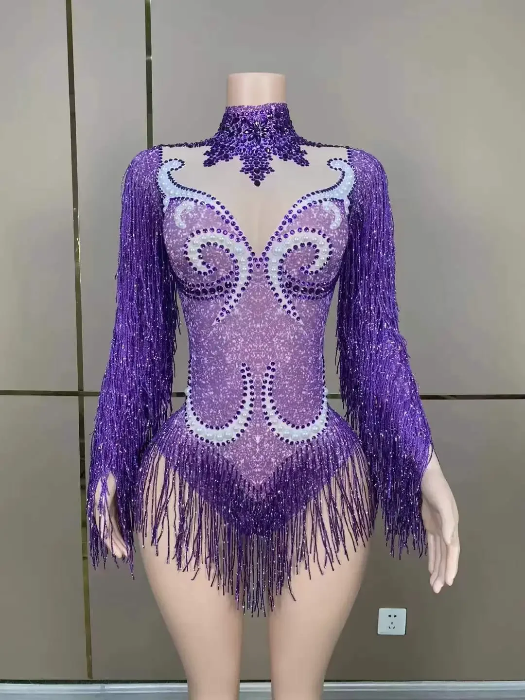 Rhinestone Sexy Fringe Bodysuits For Women Vegas Showgirl Jazz Crystal Leotard Party One Piece Performance Drag Queen Costume