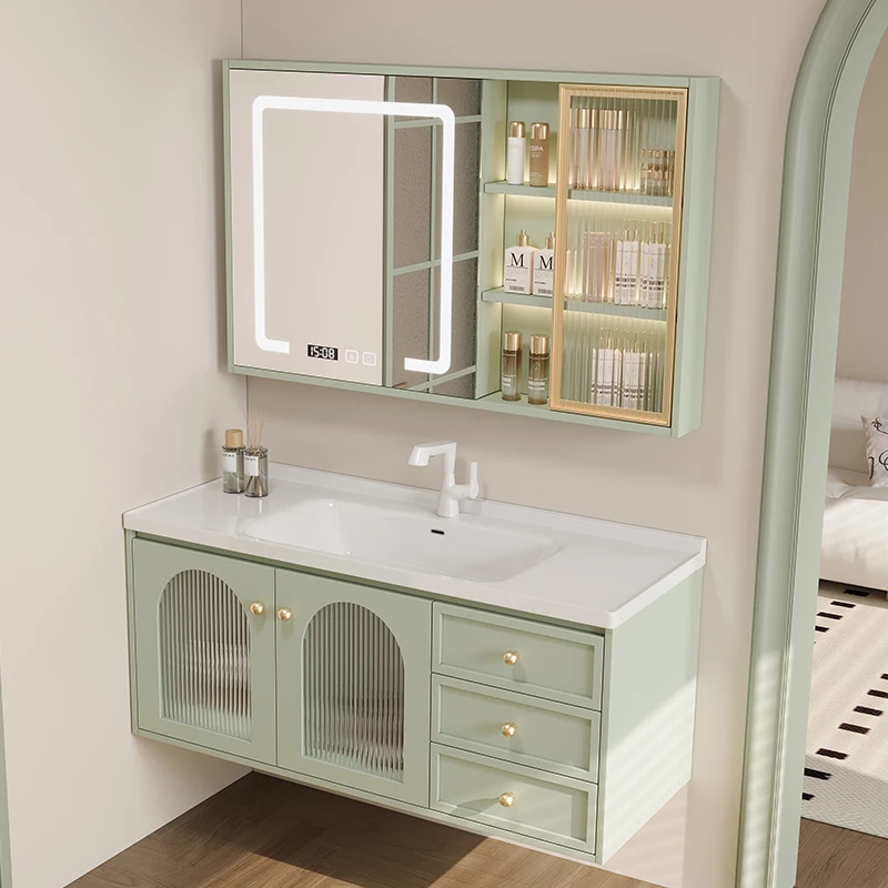 

Customizable French green oak paint bathroom cabinet ceramic integrated basin toilet washstand hand washbasin combination