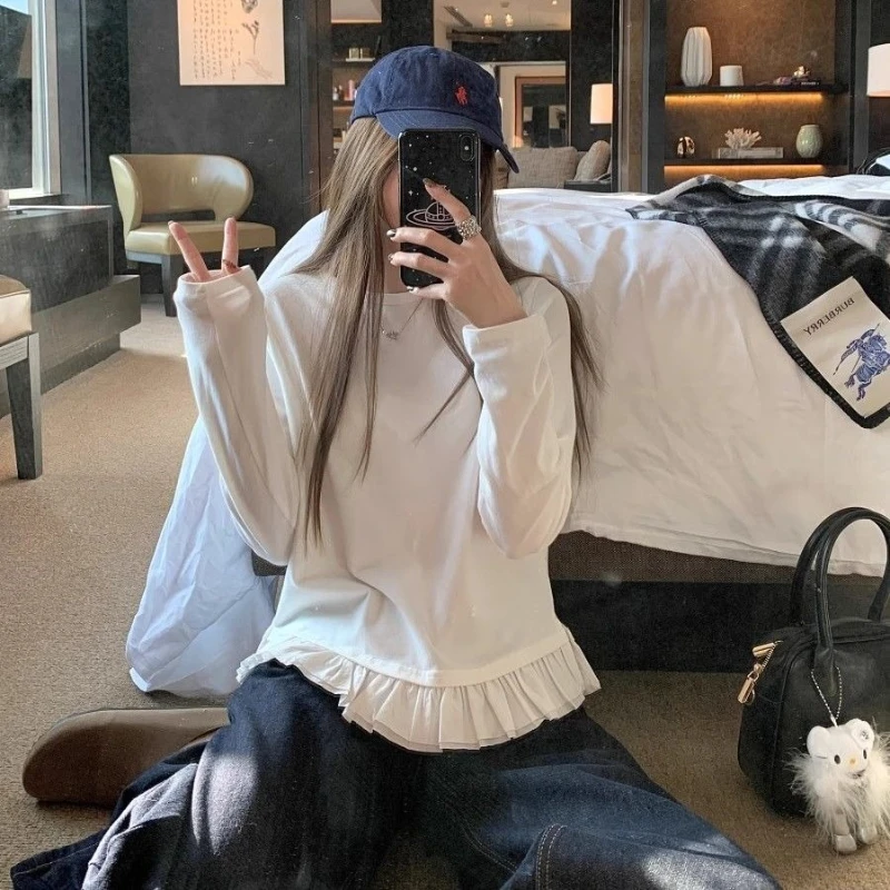 

Sweet Pleat Lace Hem Long Sleeves T-Shirt Women Autumn Winter Korean Fashion Simple and Versatile White Inner Wear Top Clothes