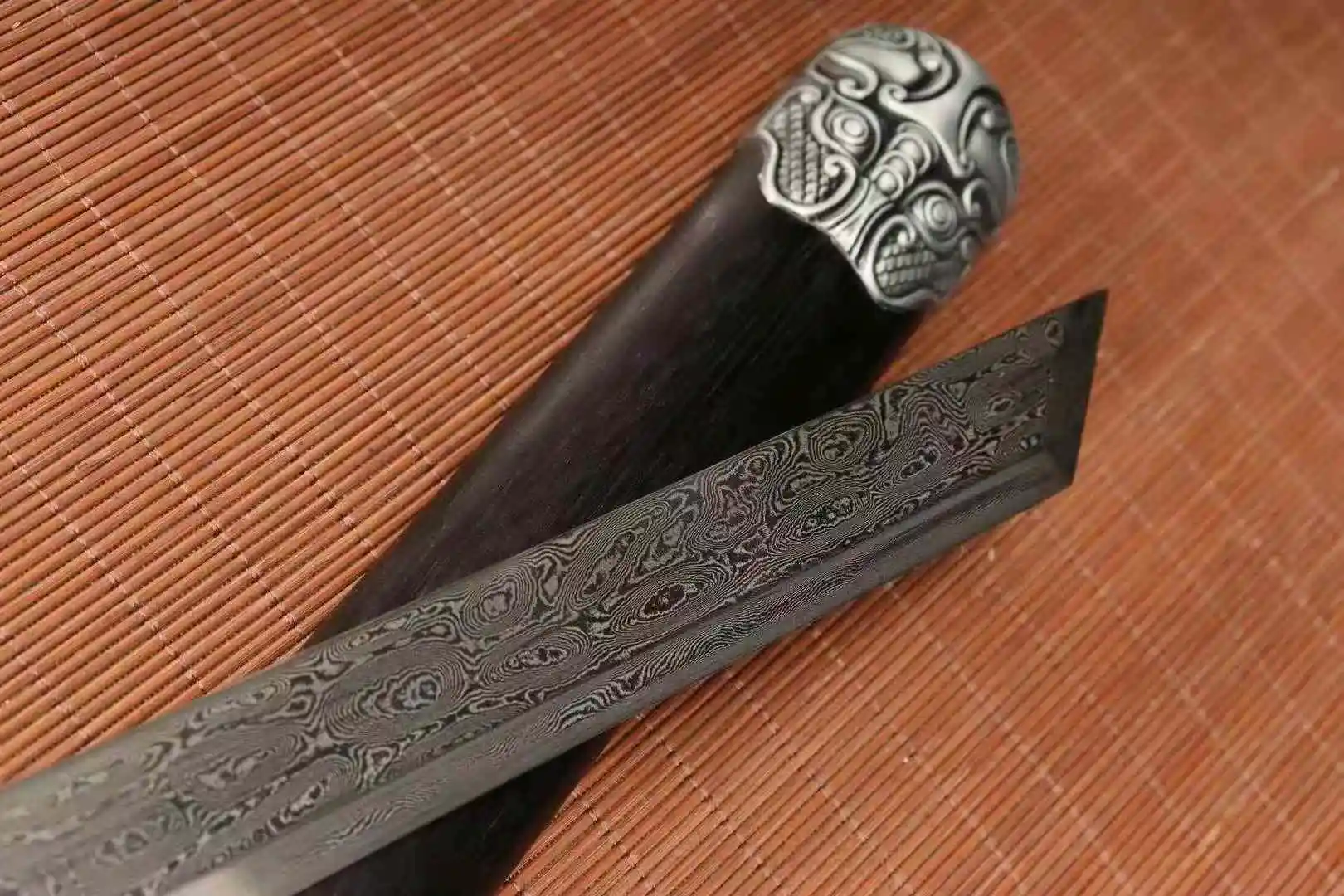 Chinese Kungfu Battle Ring Head Horizontal Sword, Handforged Multi Folded Patterned Steel Blade, Rosewood Sheath, Unsharp