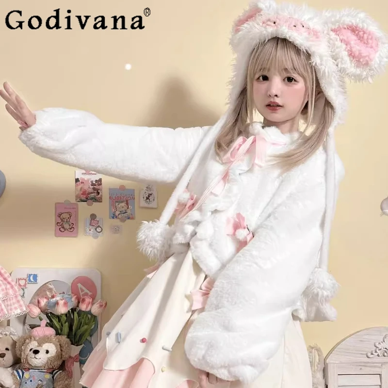 

Japanese Sweet Lolita Kawaii Faux Fur Hooded Coat Winter Girl's Cute Bow Rabbit Ears Plush Short Jacket Y2K Warm Fur Jackets