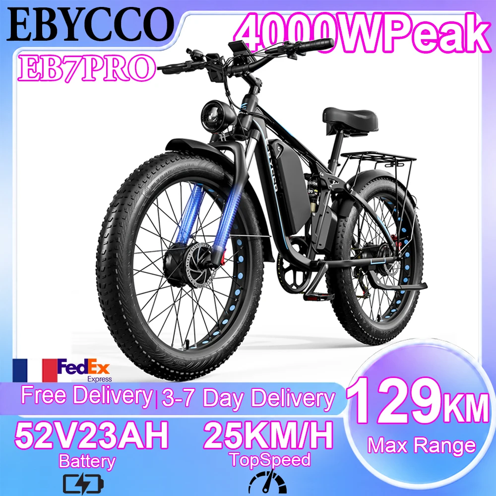 Vélo électrique E‑BYCCO EB7PRO 3000W/4000W (puissance maximale), batterie amovible 52V 23Ah, pneus larges 26×4.0 pouces, vélo électrique tout-terrain,