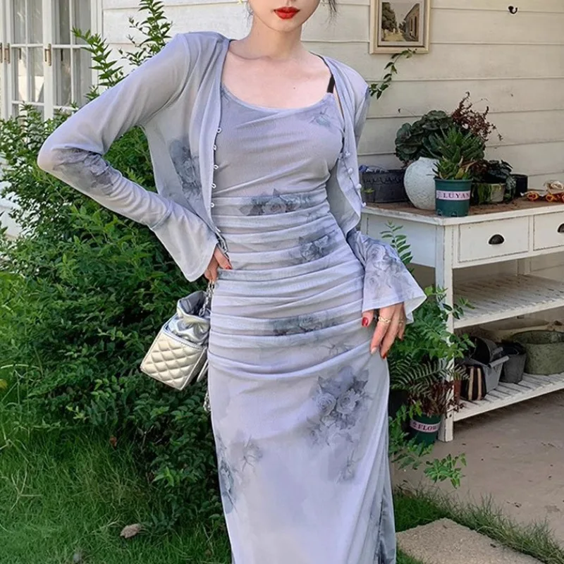 Vestido sem costas sem mangas floral feminino, fenda lateral, cobertura de quadril, plissado, temperamento, elegante, diário, moda sexy