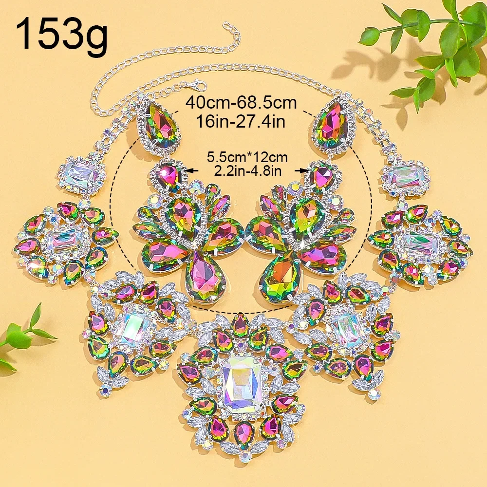 2026  Advanced design retro necklace earring set leaf Multicolored flowers luxurious crystal jewelry bride's wedding dress