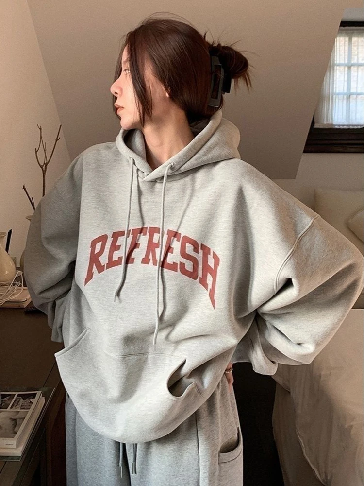 

QWEEK 2024 Autumn Letter Print Hoodie Women Korean Fashion Streetwear Kpop Y2k Loose Oversize Sweatshirt American Vintage