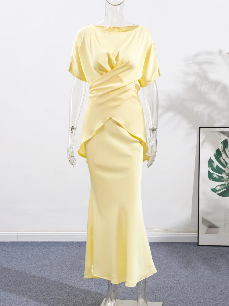 Moda amarelo cetim topos saia 2 peça conjunto feminino rendas até superior cintura alta sereia saia 2025 verão sexy novo em ternos combinando