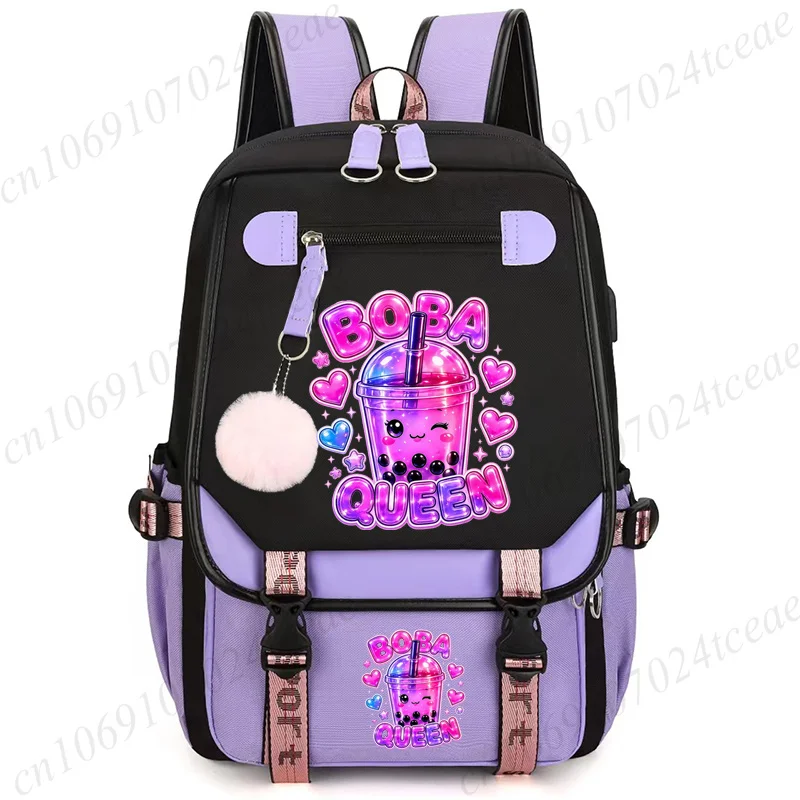 Boba Queen Kawaii Backpack for Girls Schoolbag Aesthetic Kawaii Travel USB Laptop Backpack Anime Cartoon Graphic School Bag Gift