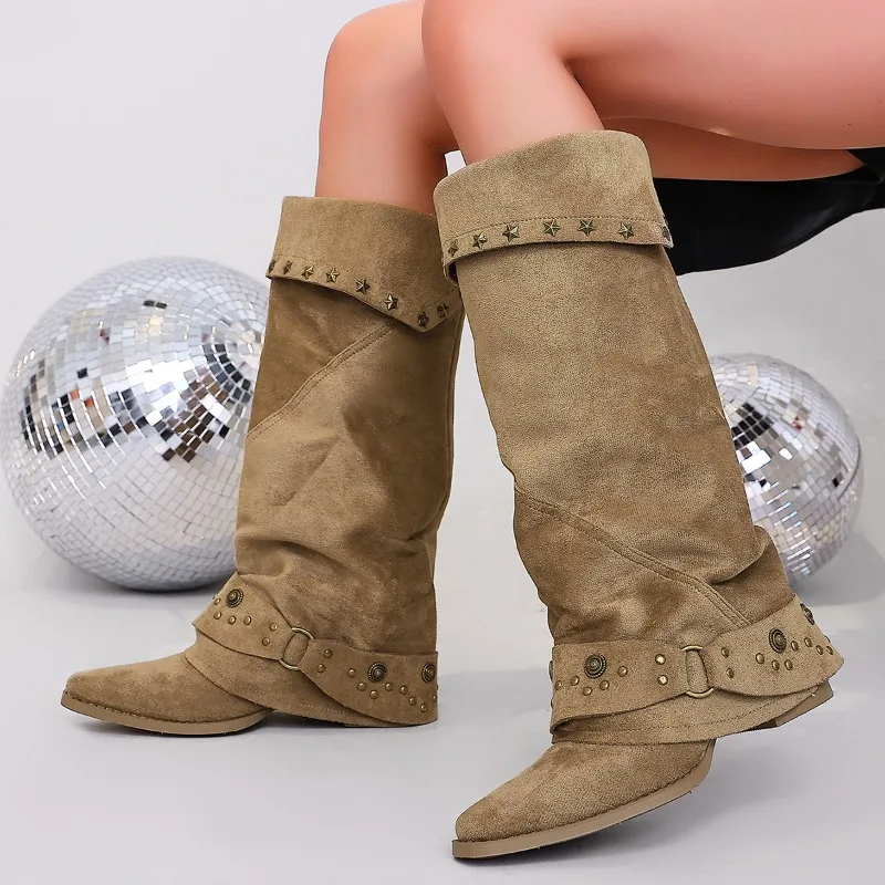 Retro Trouser Tube Boots 2026 New Pointed Toe Block Heel Hot Girl Rivet Pile Women's Shoes