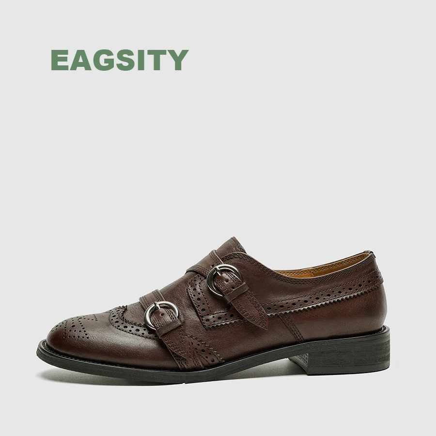 EAGSITY Cow Leather british style women's shoes oxford block heel round toe derby shoes brogue casual outdoor retro work shoes