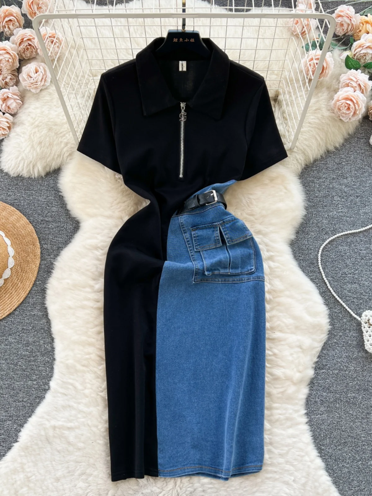 Saia Jeans Chique Estilo Retrô Hong Kong, Design F Sensacional, Vestido E Midi Color Blo Slim Fit de Manga Curta