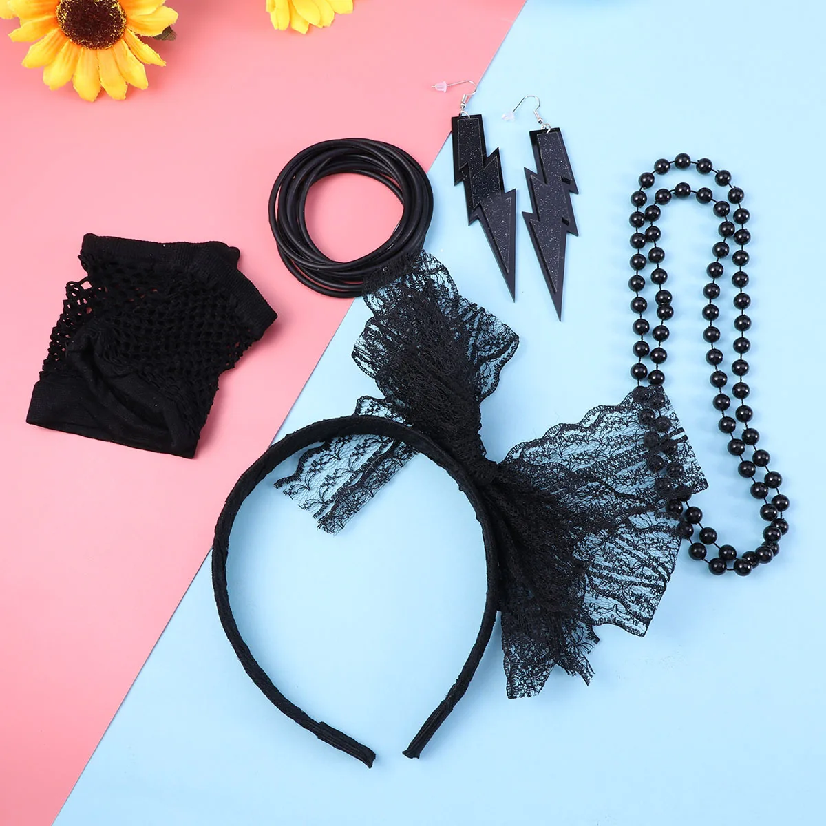 ชุดเครื่องประดับแฟนซียุค 80 สีสันสดใส 5 ชิ้น ประกอบด้วยที่คาดผมลูกไม้ ถุงมือตาข่าย สร้อยคอ ต่างหู และกำไลข้อมือ สำหรับงานปาร์ตี้ธีมและฮาโลวีน