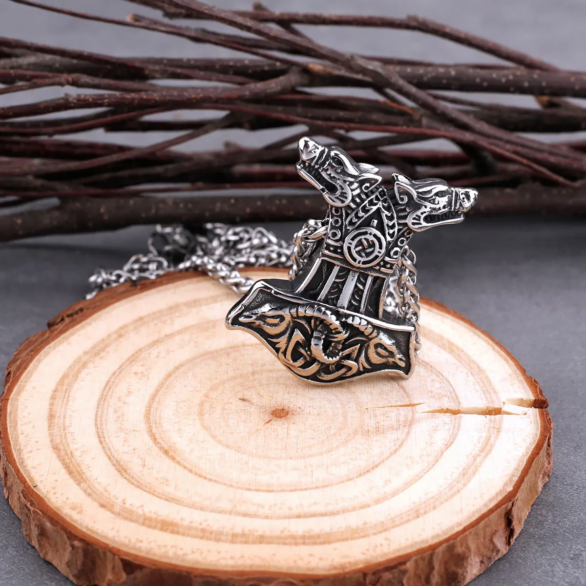 Stainless Steel Viking Wolf Head Thor Hammer Necklace Men Antelope Totem Retro Punk Pendant Necklace Charm Chain Jewelry Gift