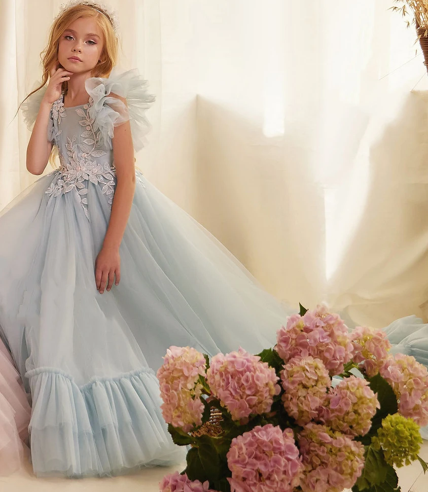 ชุดเดรสดอกไม้สีฟ้าสําหรับงานแต่งงานAppliques TulleแขนกุดBacklessเด็กวันเกิดParty First Communion Ball Gown