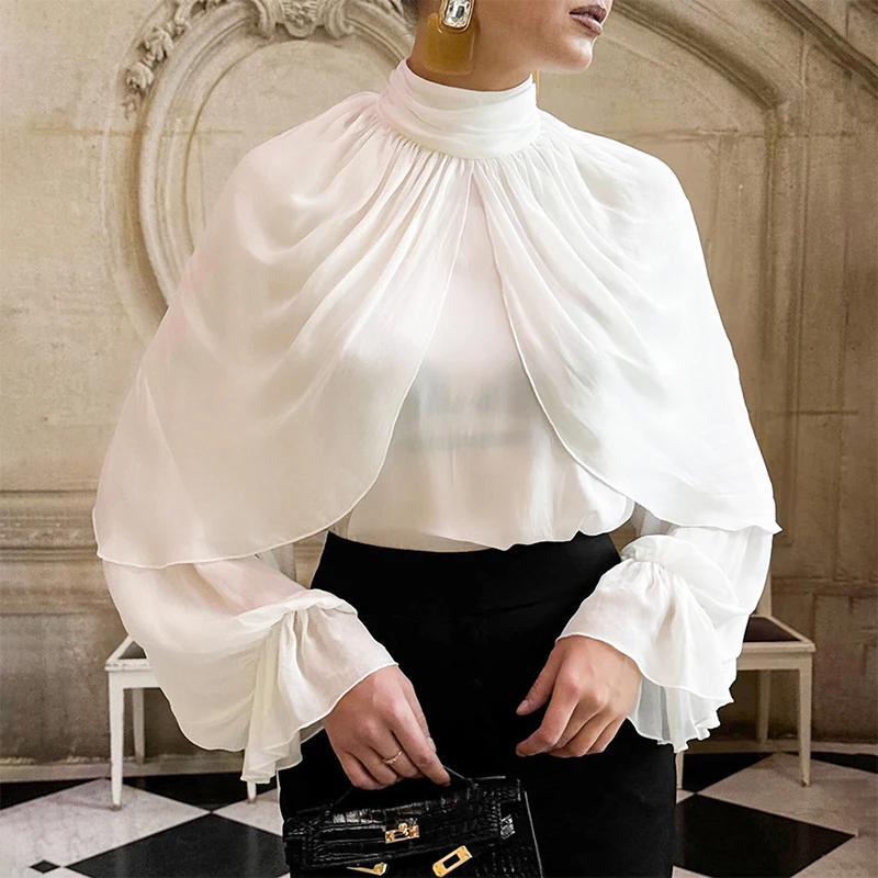 

Trendix Mesh Sheer Ruffle Shirts For Women 2026 Sprint Fashion High Neck Long Sleeve Pullover Top See Through Elegant Party Tops