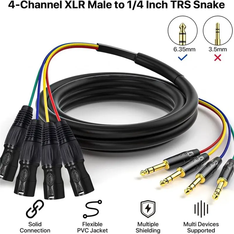 Balanced Line 2 Pack 4 Channel XLR Female To 1/4 Cables 1 Meter, 6.35Mm TRS To XLR Microphone Stereo Audio
