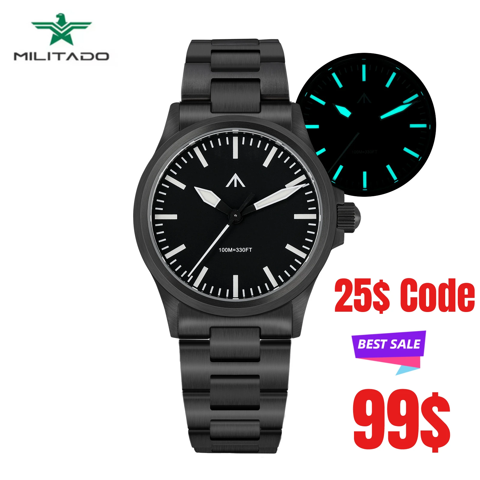 MILITADO ML18 36mm PVD Watch VH31 Sweep second Quartz Movement 316L Steel Sapphire BGW9 Lume 100M Waterproof Men's Wristwatch