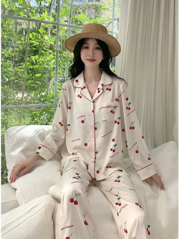 Korean Fashion Women Silk Sleepwear Long Sleeve Tops Pants Pajama Sets Luxury Loungewear Two Piece Sets Spring Autumn Sleepwear