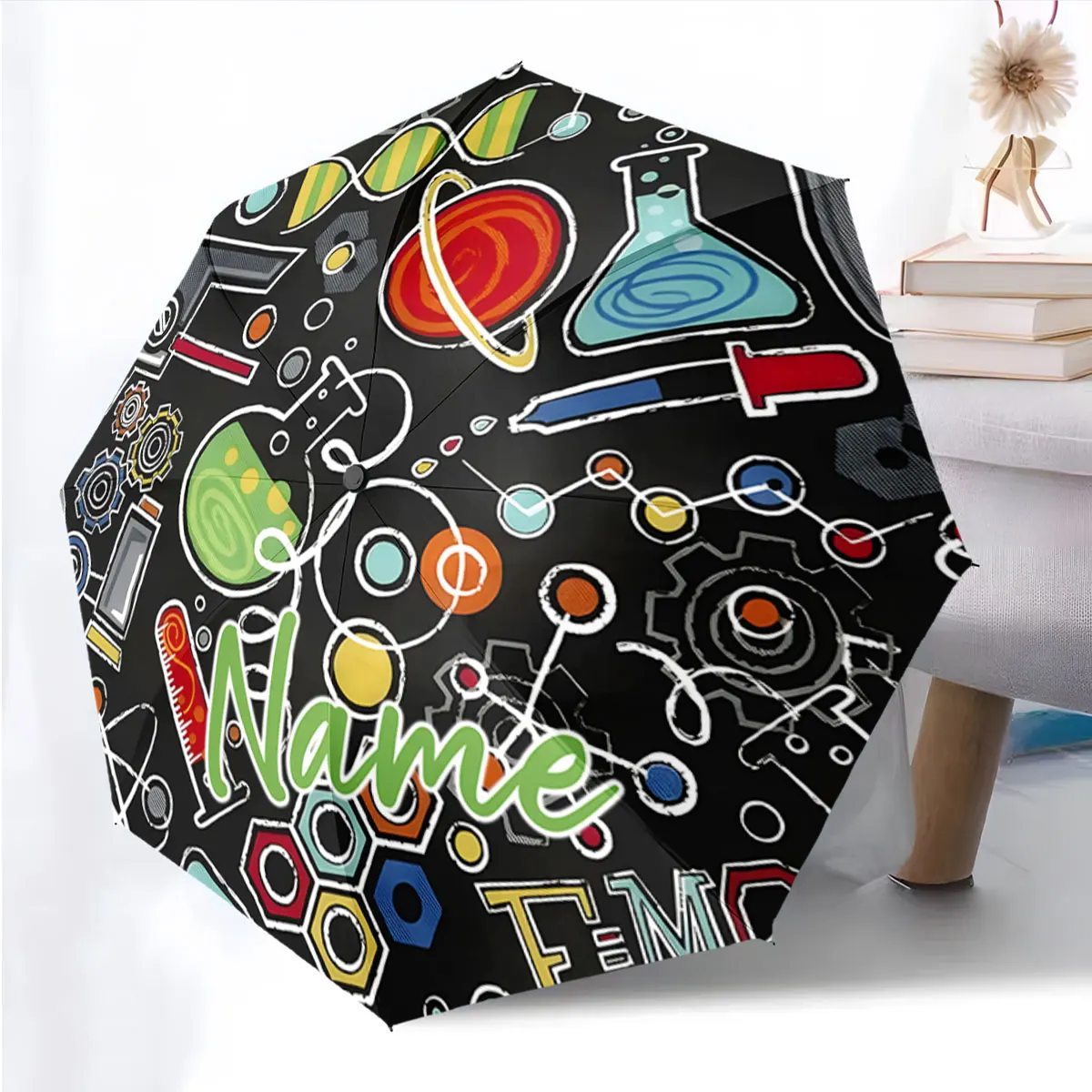 Personalized Custom Name Scientific Icons Design Umbrella Print 8 Iron Ribs Folding Umbrella, Auto-Open Fashion Sunshade