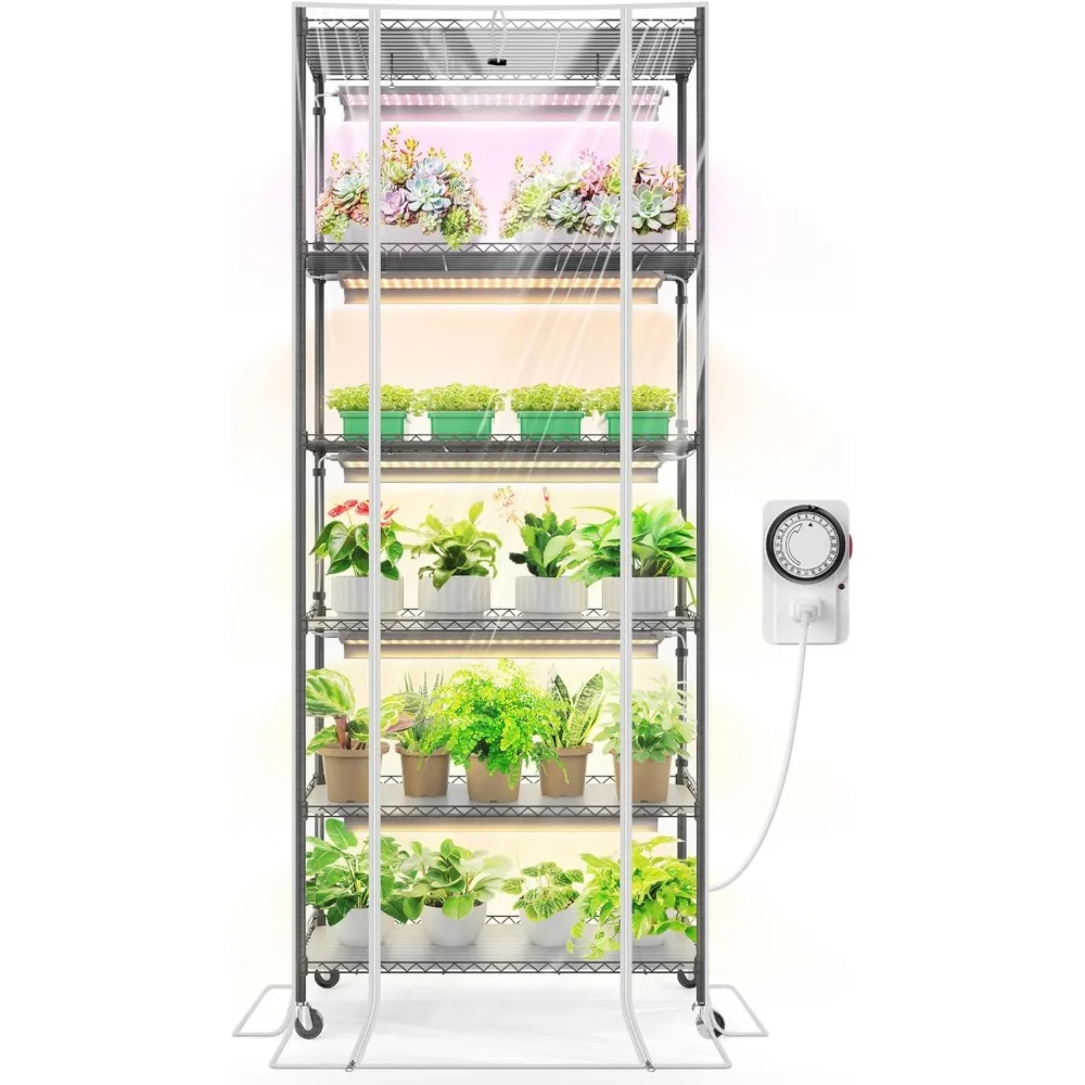 Greenhouse with Grow Light for Indoor Plant & Seedlings, 6-Tier Plant Shelf with 5Pcs 2FT 30W and Full Spectrum Plant Lights