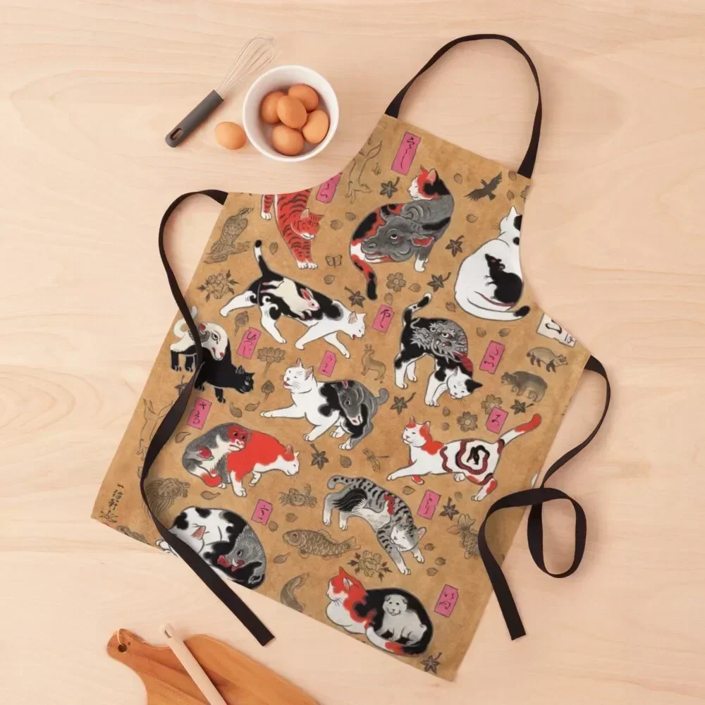 

Antique Japanese Woodblock Print Cats with Tattoos ~ Cat Tattoo Flash Apron Kitchenware men's barbecue Apron