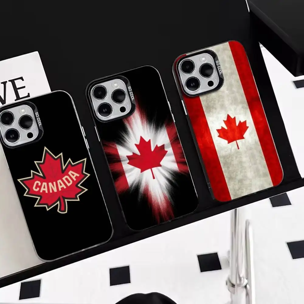 Funda para Teléfono con Diseño de Hojas de Arce Canadienses y Hockey sobre Hielo para iPhone 17, 16, 15, 14, 13, 12, 11 Plus, Pro Max, XS, Funda Plateada Colorida