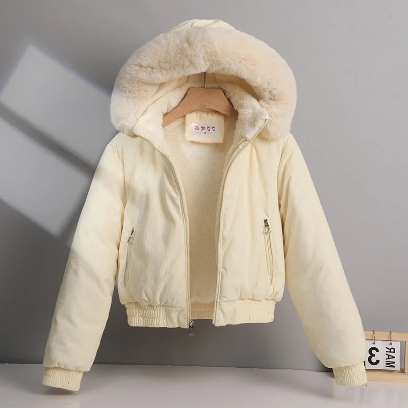 

Короткая хлопковая куртка в корейском стиле, женская утолщенная куртка на флисовой подкладке, вельветовая верхняя одежда с большим меховым воротником