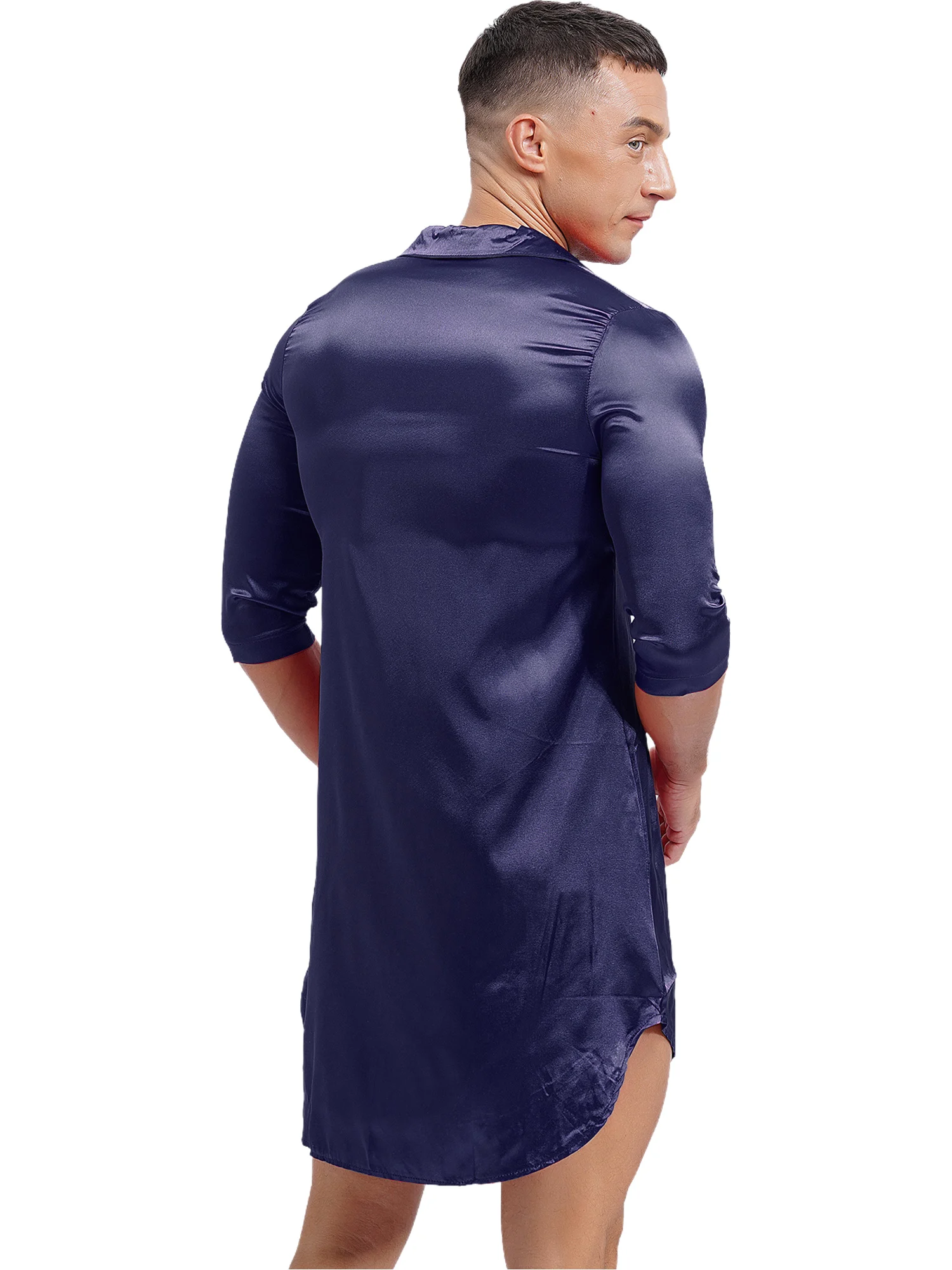 Chemise de nuit en satin pour hommes et femmes, chemise de nuit à col en V, vêtements de nuit à demi-manches, vêtements de nuit brillants, robe de nuit, vêtements d'intérieur