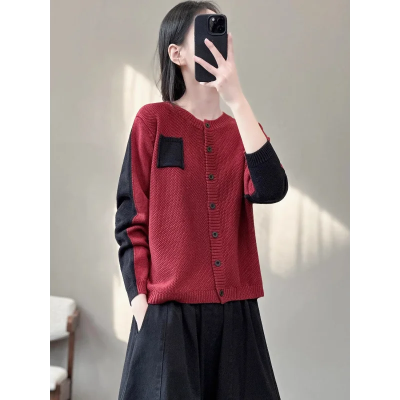 

New Retro Contrasting Color Spliced round Neck Knitted Cardigan Sweater