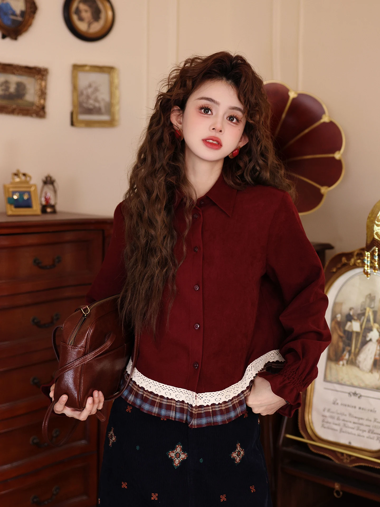 

Chen Jiajie Red Sail Vintage Long Sve Women's irt Spring Loose Versatile Hem Design Sense Top Breathable Cotton Polyeste...