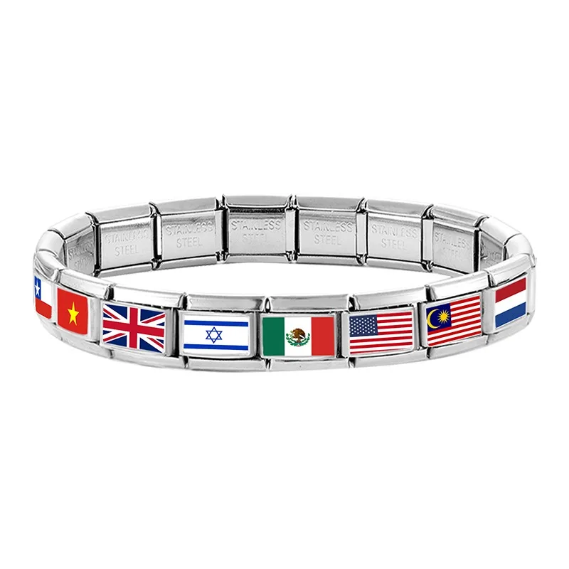 Wholesale 2025New Stianless Steel World National Flag Colorful Italian Charm Fit 9mm Bracelet Link Hand Chain DIY Making Jewelry image 2