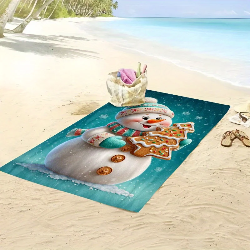 Christmas Themed Beach Towel with Adorable Snowman & Gingerbread Tree Print, Soft Microfiber Unisex Oversized Towel for Swimming