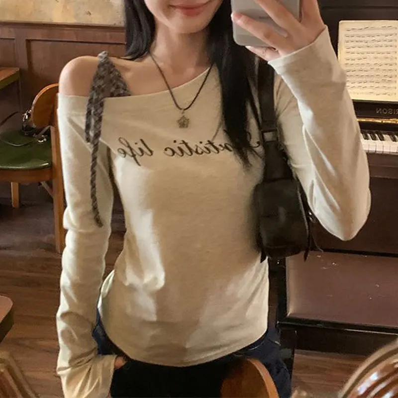 

Autumn Letter Skew Collar Pullovers American Retro Printed Female Clothing Off Shoulder Stylish Drawstring Bow Slim T-shirts New
