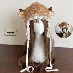 New Japanese Lace Winter Hat Christmas Faux Fur Plush Reindeer Furry Boots Socks Cover Y2K Cap Leg Warmers Kawaii Lamb Ear Hats