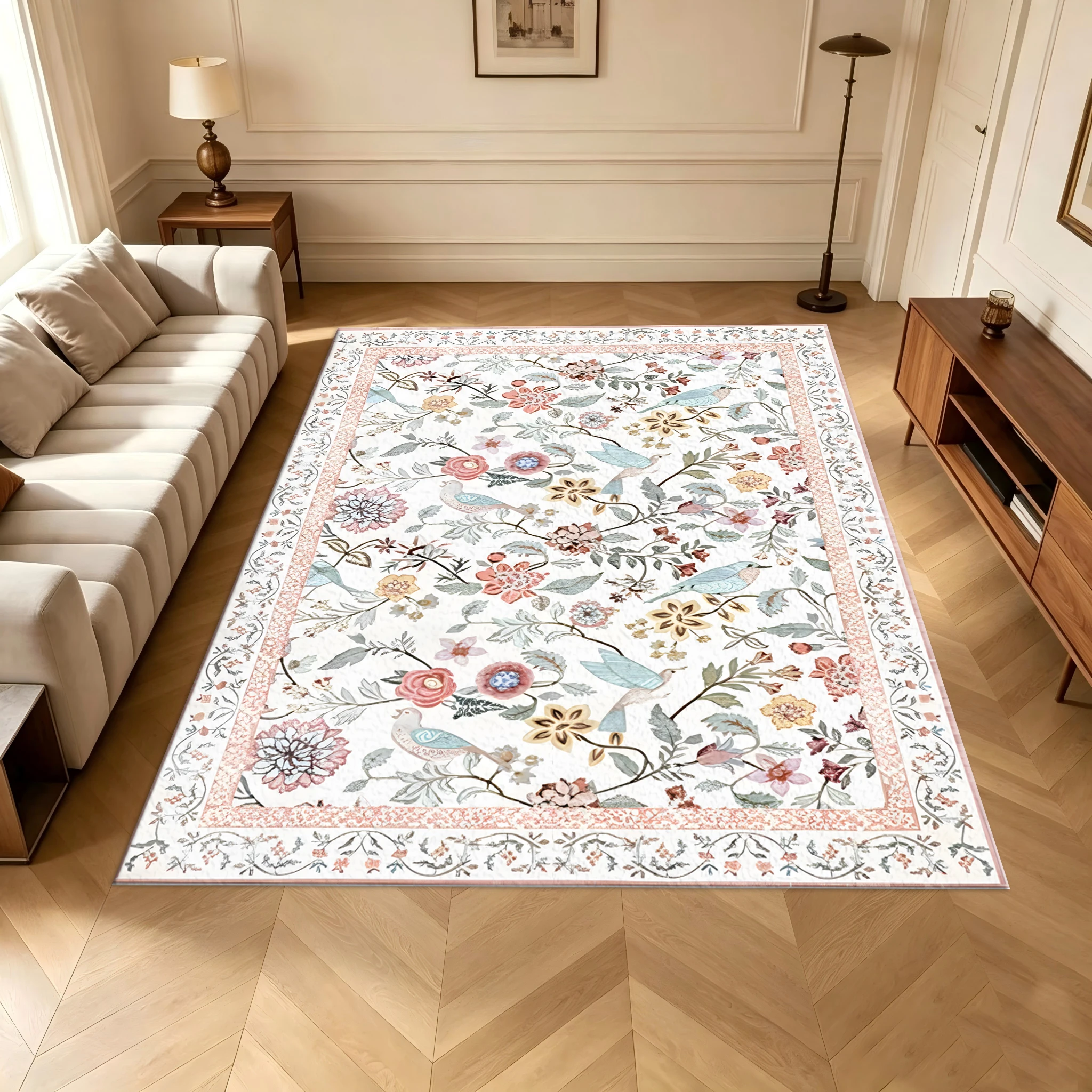 Vintage Floral and Bird Pattern Border Printed Carpet, Soft-Toned Floral and Bird Floor Mat, Home Carpet