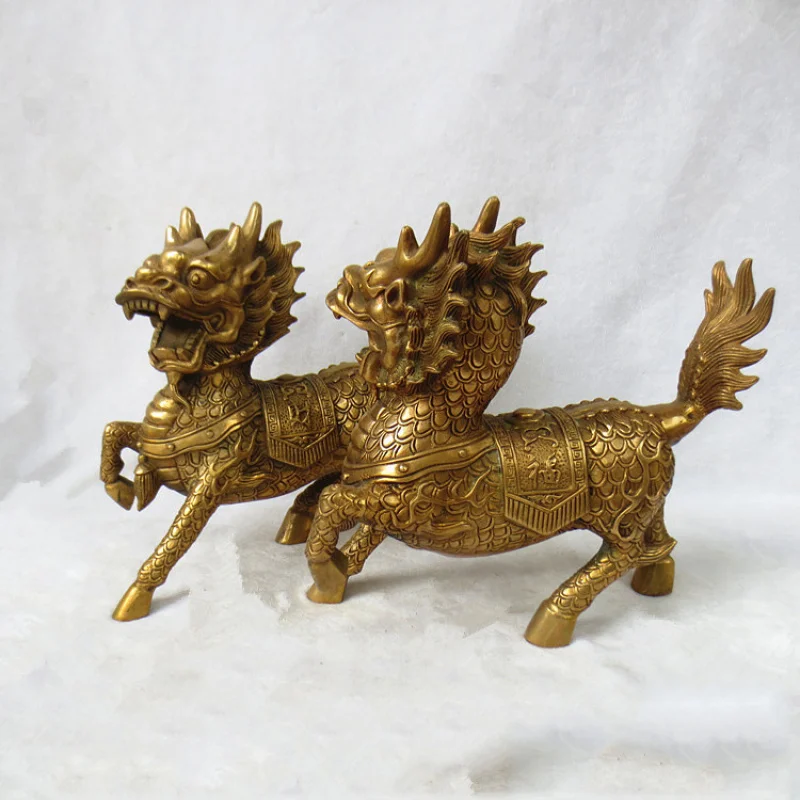 Pair of Copper Ornaments Fire Giving Child Wealth Kirin Metal Crafts Copperware