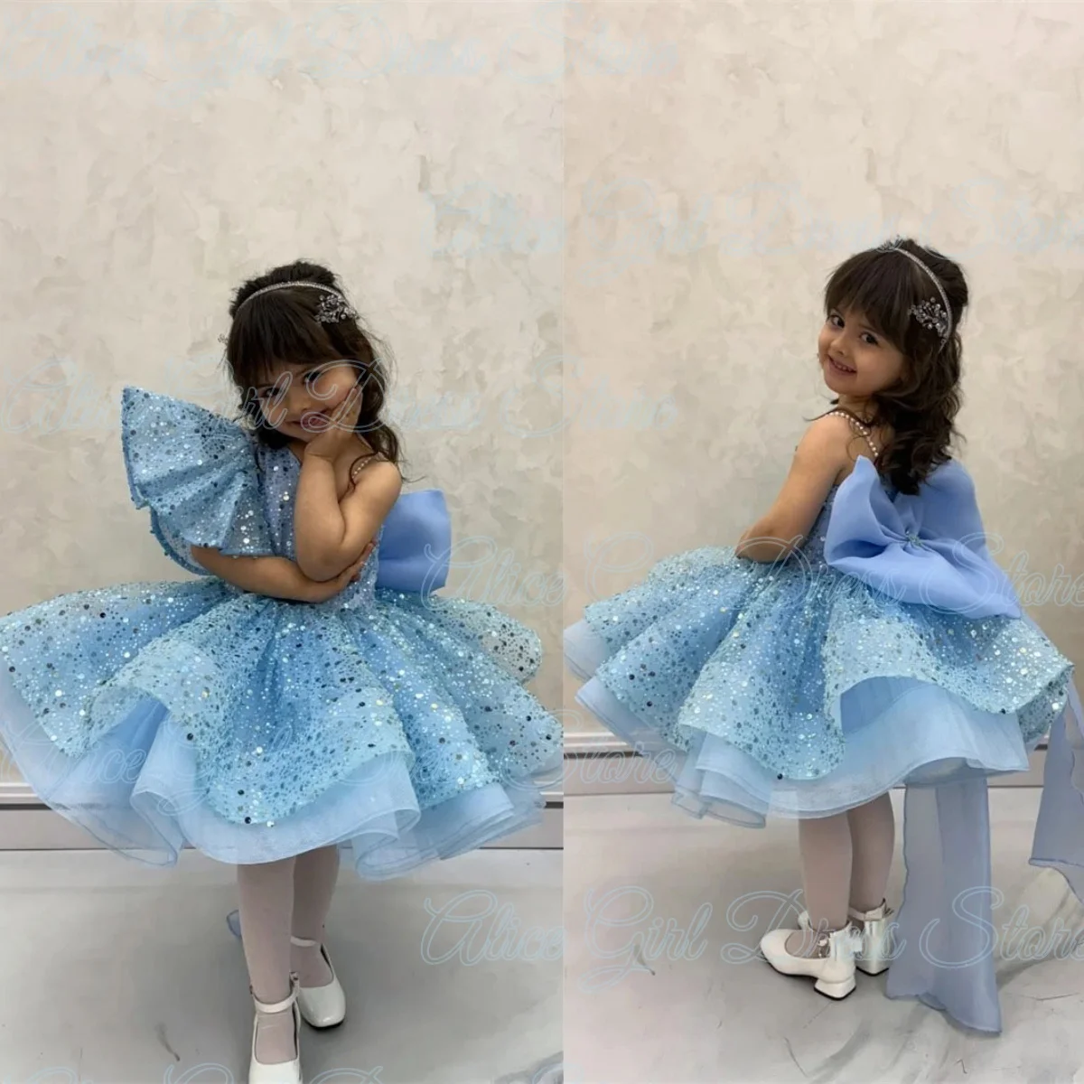 

Индивидуальные синие платья для девочек на одно плечо с цветочным узором для свадьбы, с бантом, длиной до колена, для конкурсов красоты, детских праздников и дней рождения