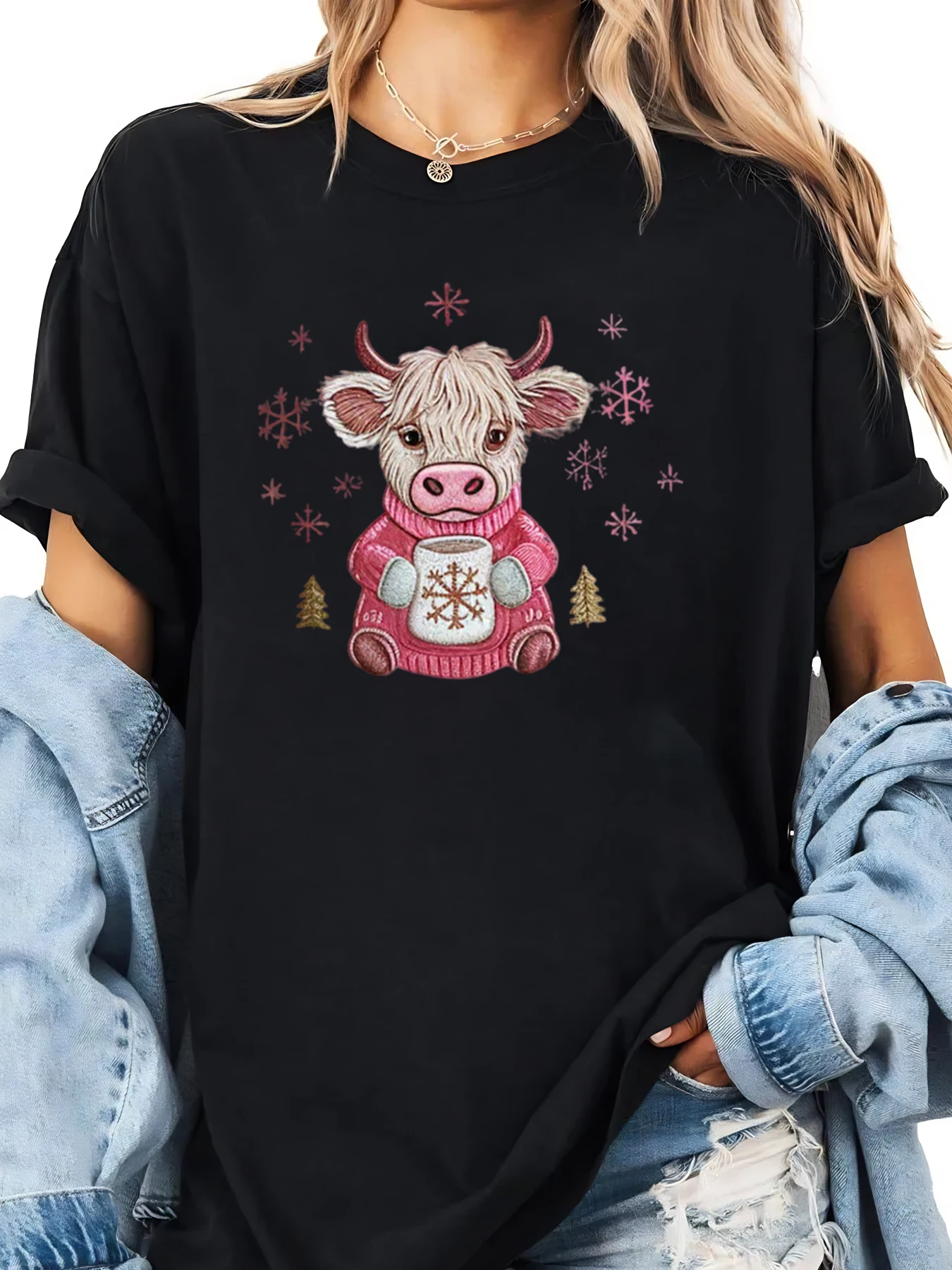 Mucca in maglione T-shirt con stampa natalizia Donna Casual Abbigliamento per le vacanze invernali Nero Taglie forti